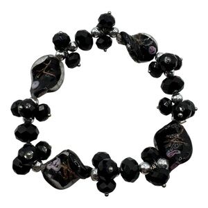 Black Glass Beaded Stretch Bracelet‎ with Abstract Foil Murano-Style Beads